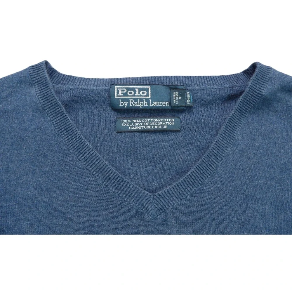 Polo by Ralph Lauren V Neck Sweater Men L Blue Pima Cotton Pony Classic Pullover